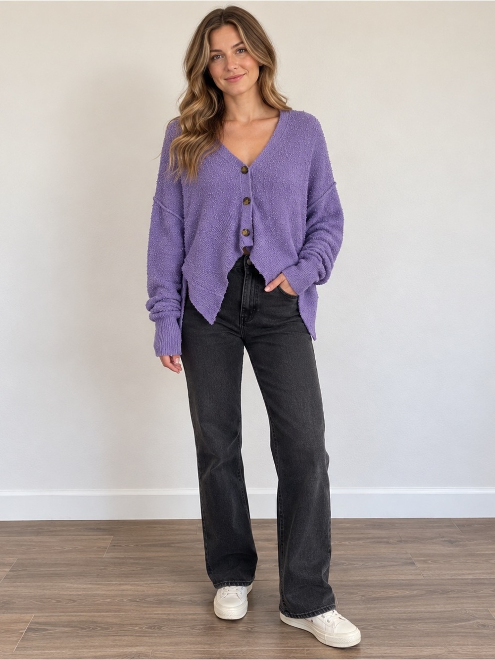 Free People Purple Textured Knit V-Neck Cardigan Medium